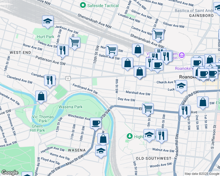 map of restaurants, bars, coffee shops, grocery stores, and more near 810 Marshall Avenue Southwest in Roanoke