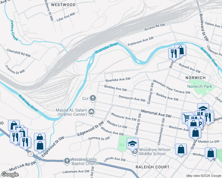 map of restaurants, bars, coffee shops, grocery stores, and more near 2522 Denniston Avenue Southwest in Roanoke