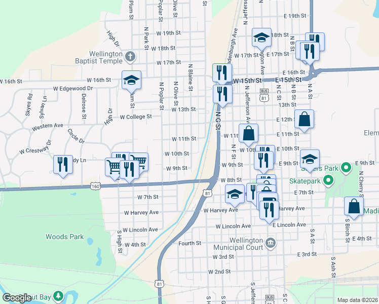 map of restaurants, bars, coffee shops, grocery stores, and more near 401-499 N Blaine St in Wellington