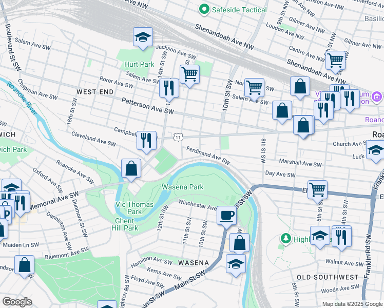 map of restaurants, bars, coffee shops, grocery stores, and more near 1109 Riverside Boulevard Southwest in Roanoke