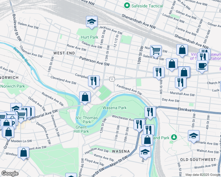 map of restaurants, bars, coffee shops, grocery stores, and more near 1211 Wasena Terrace Southwest in Roanoke