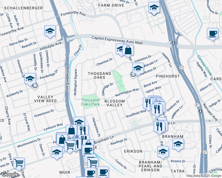 map of restaurants, bars, coffee shops, grocery stores, and more near 975 Scotsglen Court in San Jose
