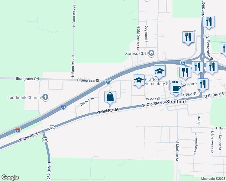 map of restaurants, bars, coffee shops, grocery stores, and more near 425 West Hillcrest Street in Strafford