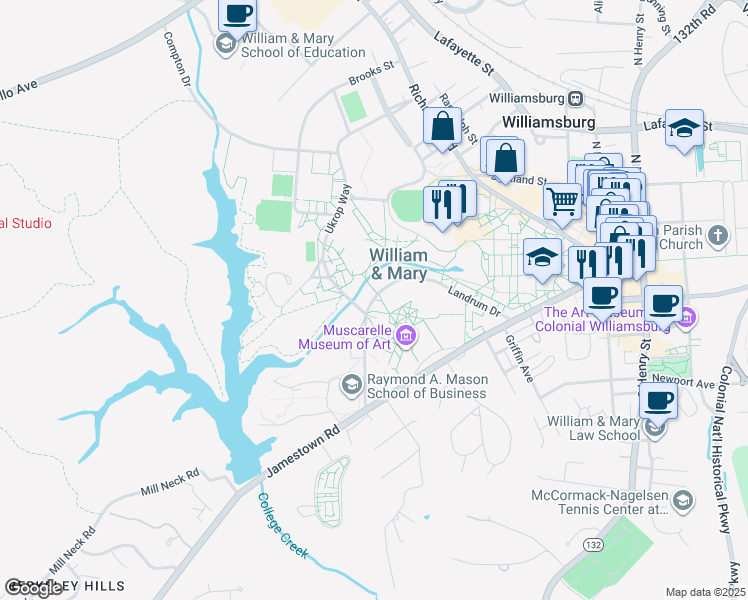 map of restaurants, bars, coffee shops, grocery stores, and more near 540 Landrum Drive in Williamsburg