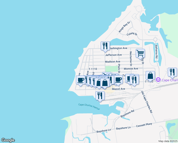 map of restaurants, bars, coffee shops, grocery stores, and more near 113 Tazewell Avenue in Cape Charles