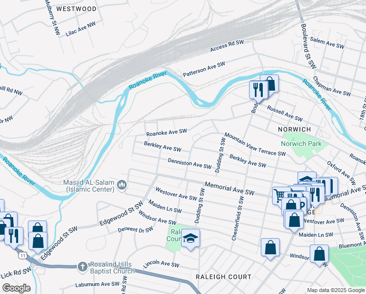 map of restaurants, bars, coffee shops, grocery stores, and more near 2413 Denniston Avenue Southwest in Roanoke