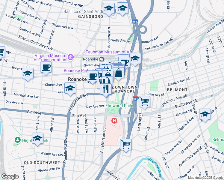 map of restaurants, bars, coffee shops, grocery stores, and more near 107 Road Southeast in Roanoke