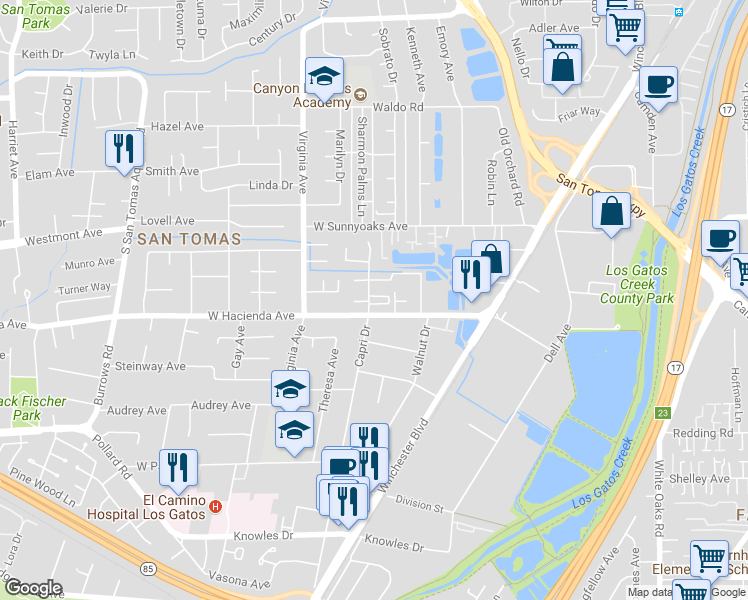 map of restaurants, bars, coffee shops, grocery stores, and more near 1162 Capri Drive in Campbell