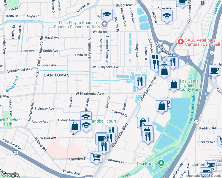 map of restaurants, bars, coffee shops, grocery stores, and more near 1162 Capri Drive in Campbell