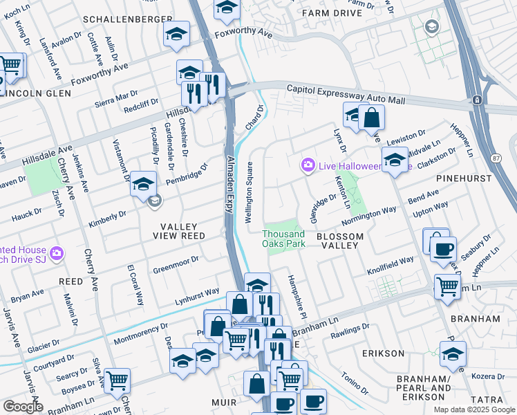 map of restaurants, bars, coffee shops, grocery stores, and more near 3909 Thousand Oaks Drive in San Jose
