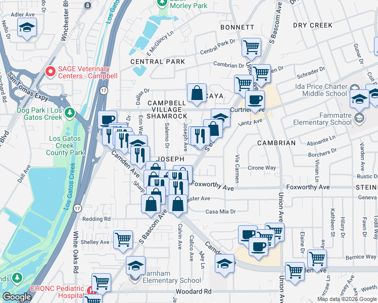 map of restaurants, bars, coffee shops, grocery stores, and more near 2230 Shamrock Drive in San Jose
