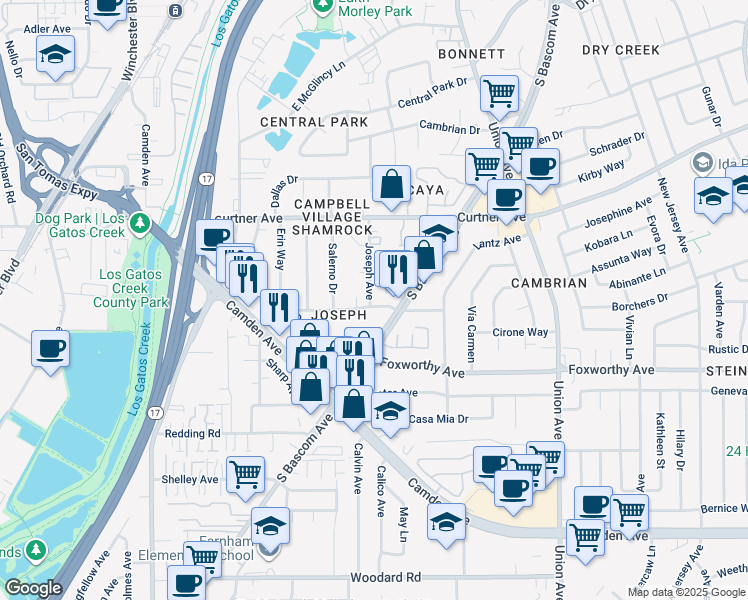 map of restaurants, bars, coffee shops, grocery stores, and more near 2230 Shamrock Drive in San Jose