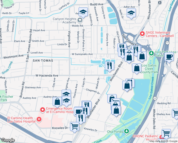 map of restaurants, bars, coffee shops, grocery stores, and more near 600 West Hacienda Avenue in Campbell