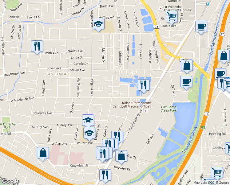 map of restaurants, bars, coffee shops, grocery stores, and more near 600 West Hacienda Avenue in Campbell