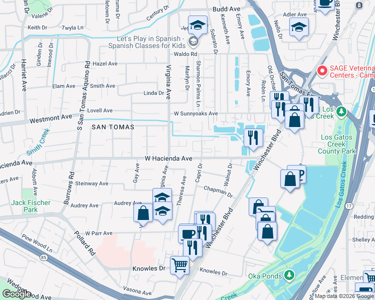 map of restaurants, bars, coffee shops, grocery stores, and more near 700 West Hacienda Avenue in Campbell