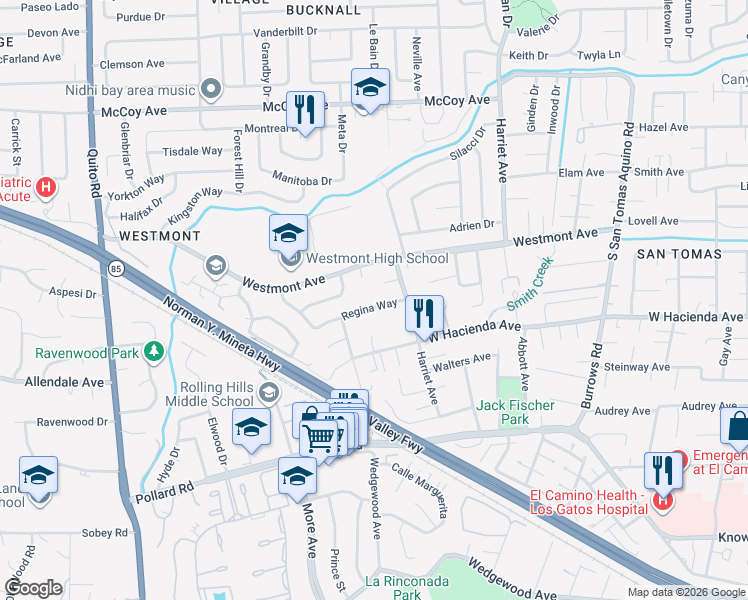 map of restaurants, bars, coffee shops, grocery stores, and more near 1770 Regina Way in Campbell