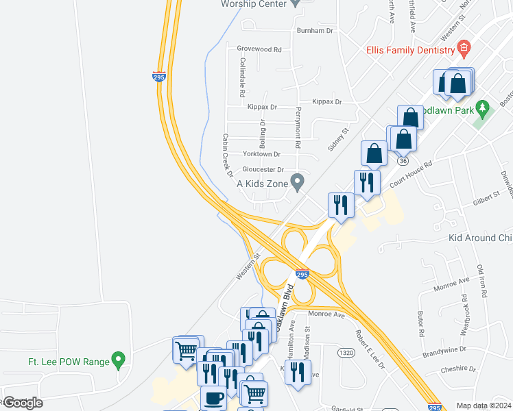 map of restaurants, bars, coffee shops, grocery stores, and more near 510 Nottingham Court in Hopewell