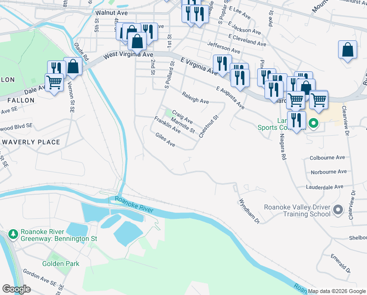 map of restaurants, bars, coffee shops, grocery stores, and more near 865 Industrial Circle in Vinton