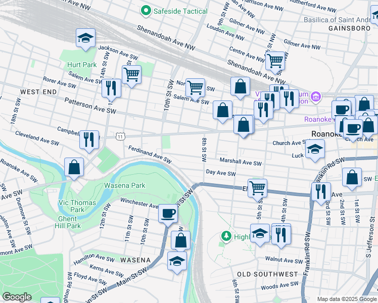 map of restaurants, bars, coffee shops, grocery stores, and more near 810 Marshall Avenue Southwest in Roanoke