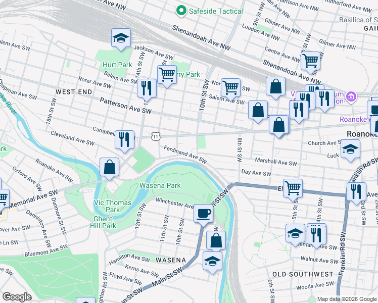 map of restaurants, bars, coffee shops, grocery stores, and more near 900-998 Ferdinand Ave SW in Roanoke