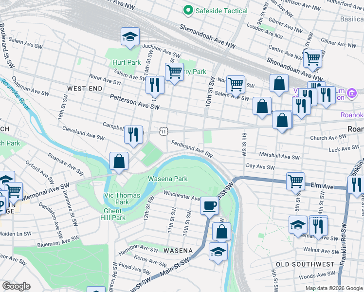 map of restaurants, bars, coffee shops, grocery stores, and more near 1100-1148 Riverside Boulevard Southwest in Roanoke