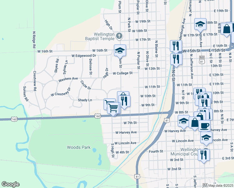 map of restaurants, bars, coffee shops, grocery stores, and more near 1000 Shady Lane Court in Wellington