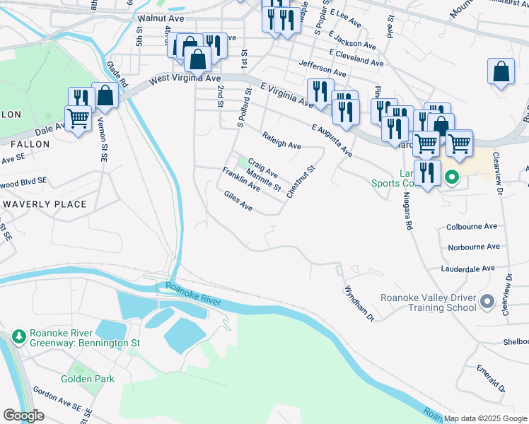 map of restaurants, bars, coffee shops, grocery stores, and more near 318 Giles Avenue in Vinton