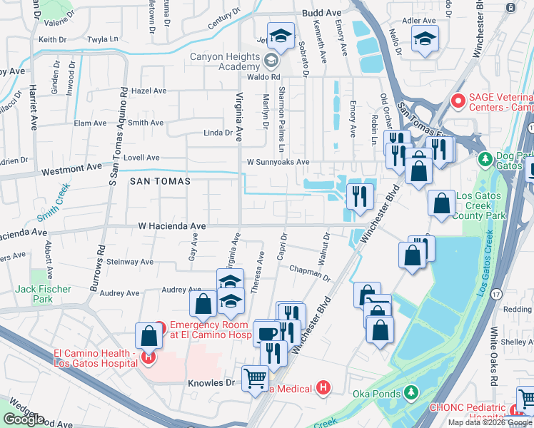 map of restaurants, bars, coffee shops, grocery stores, and more near 700 West Hacienda Avenue in Campbell
