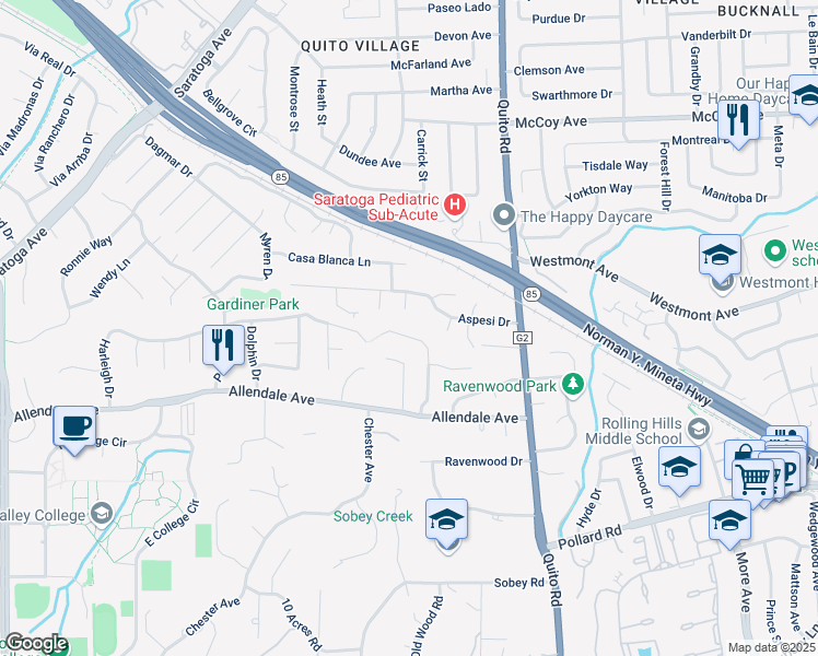 map of restaurants, bars, coffee shops, grocery stores, and more near 18710 Harleigh Drive in Saratoga