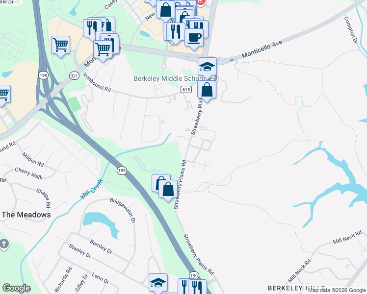 map of restaurants, bars, coffee shops, grocery stores, and more near 101 Bailey Drive in Williamsburg