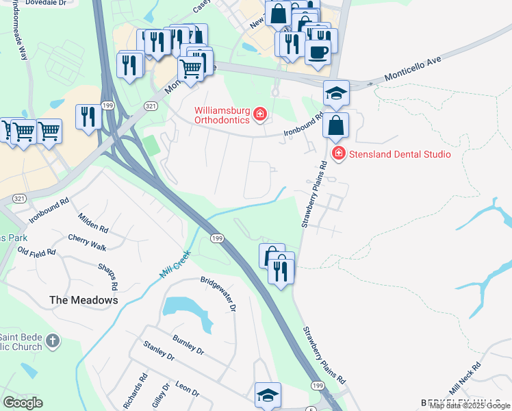 map of restaurants, bars, coffee shops, grocery stores, and more near 131 Brookhaven Drive in Williamsburg