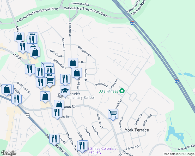 map of restaurants, bars, coffee shops, grocery stores, and more near 109 Rusty Court in Williamsburg