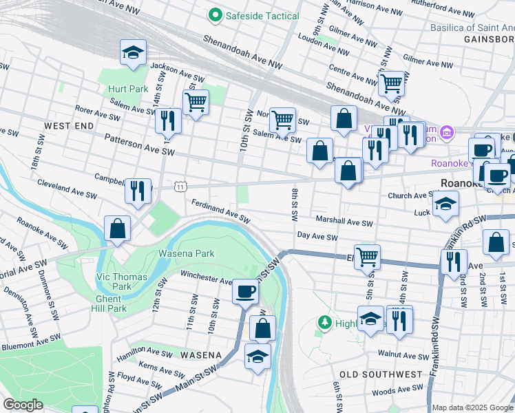 map of restaurants, bars, coffee shops, grocery stores, and more near 853 Marshall Avenue Southwest in Roanoke