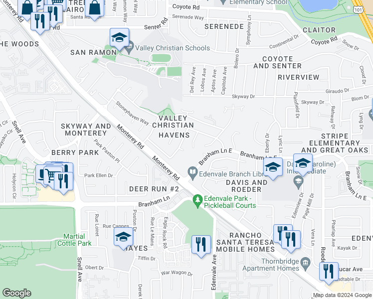 map of restaurants, bars, coffee shops, grocery stores, and more near 4675 Rotherhaven Way in San Jose