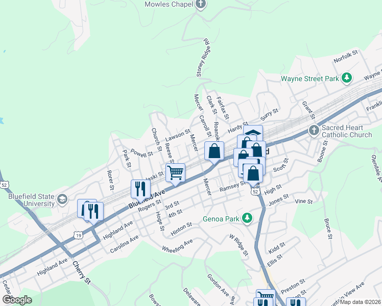 map of restaurants, bars, coffee shops, grocery stores, and more near 398 Peck Street in Bluefield
