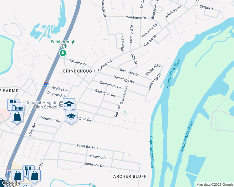 map of restaurants, bars, coffee shops, grocery stores, and more near 1208 Wellington Road in Colonial Heights