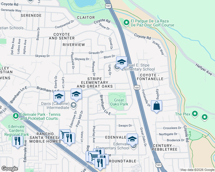map of restaurants, bars, coffee shops, grocery stores, and more near 5028 Lyng Drive in San Jose