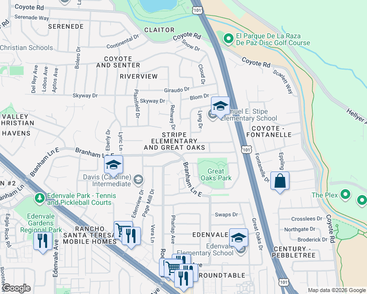 map of restaurants, bars, coffee shops, grocery stores, and more near 5028 Lyng Drive in San Jose