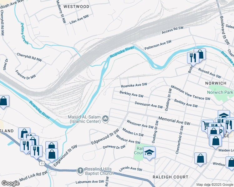 map of restaurants, bars, coffee shops, grocery stores, and more near 2542 Berkley Avenue Southwest in Roanoke