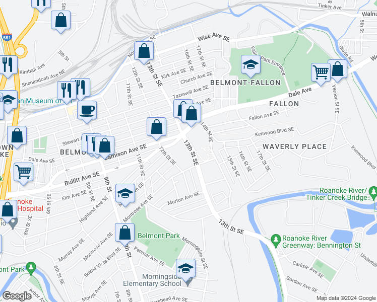 map of restaurants, bars, coffee shops, grocery stores, and more near 931 13th Street Southeast in Roanoke