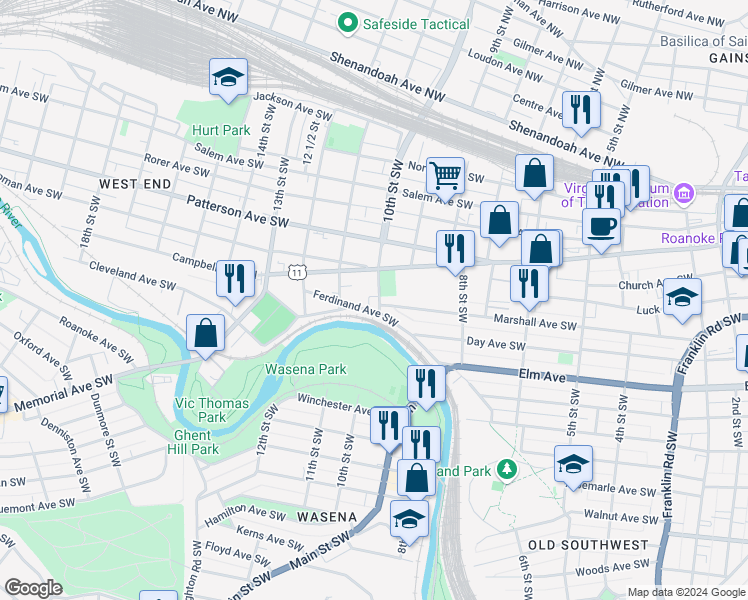 map of restaurants, bars, coffee shops, grocery stores, and more near 527 10th Street Southwest in Roanoke
