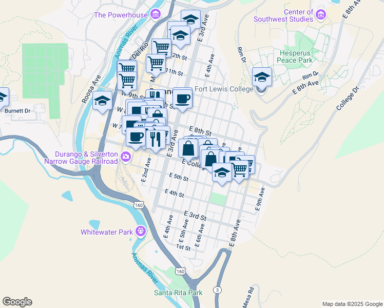 map of restaurants, bars, coffee shops, grocery stores, and more near 720 East 4th Avenue in Durango