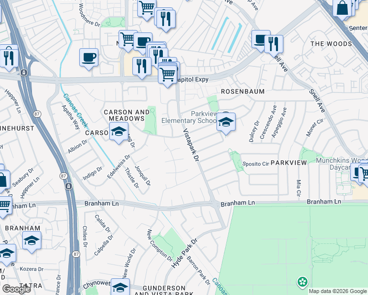 map of restaurants, bars, coffee shops, grocery stores, and more near 412 Bluefield Drive in San Jose