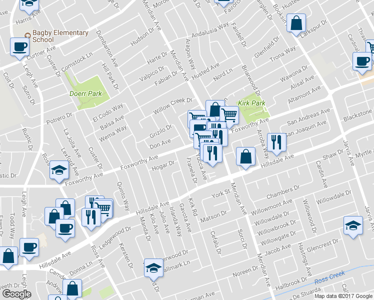 map of restaurants, bars, coffee shops, grocery stores, and more near 2898 Paseo Lane in San Jose
