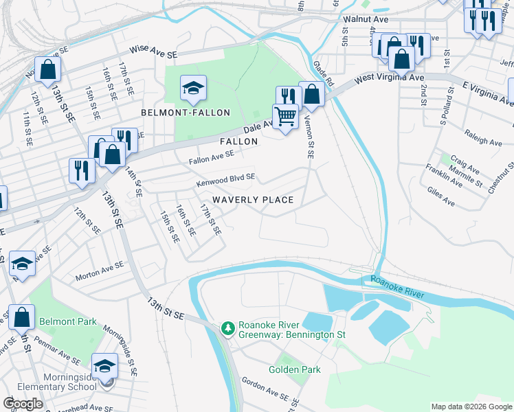 map of restaurants, bars, coffee shops, grocery stores, and more near 1913 Kenwood Blvd SE in Roanoke