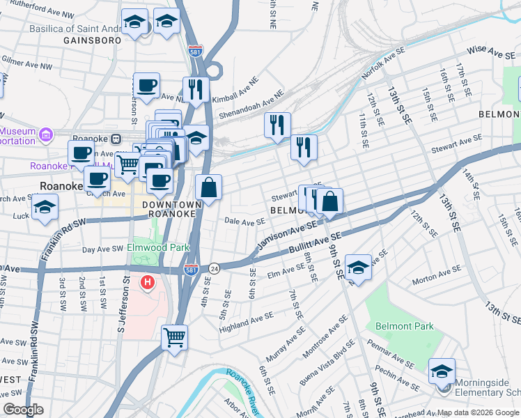 map of restaurants, bars, coffee shops, grocery stores, and more near 708 Stewart Ave SE in Roanoke