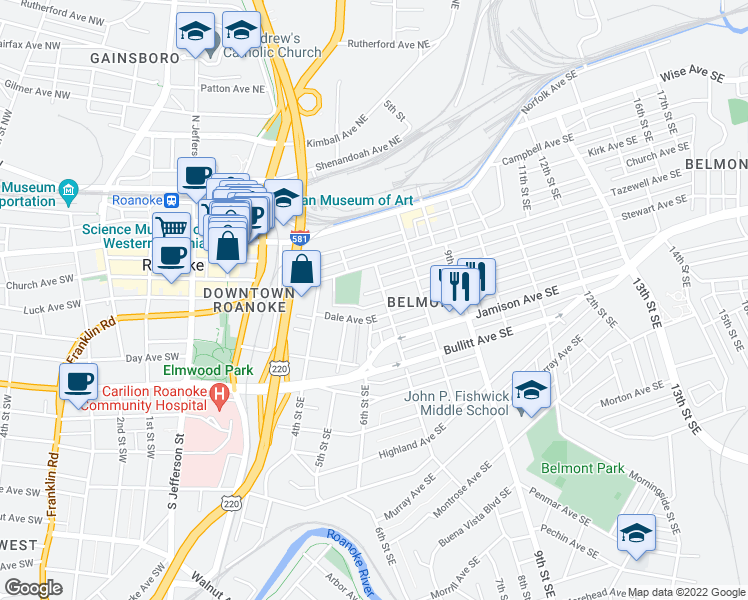 map of restaurants, bars, coffee shops, grocery stores, and more near 615 Tazewell Avenue Southeast in Roanoke