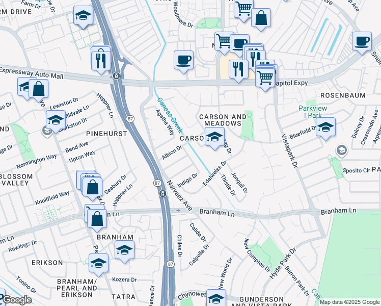 map of restaurants, bars, coffee shops, grocery stores, and more near 4242 Indigo Drive in San Jose