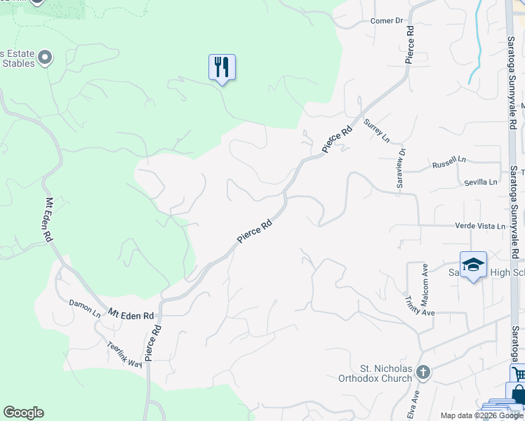 map of restaurants, bars, coffee shops, grocery stores, and more near 21355 Quarry Road in Saratoga
