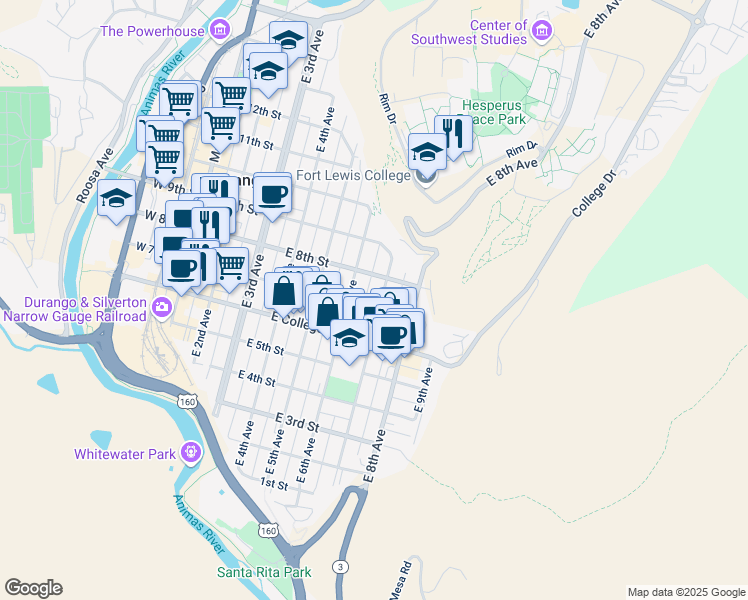 map of restaurants, bars, coffee shops, grocery stores, and more near 762 East 6th Avenue in Durango